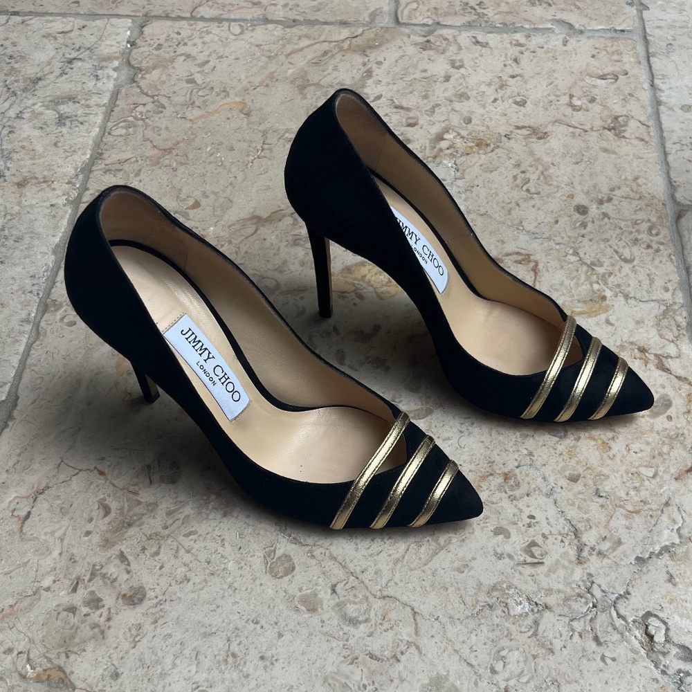 Jimmy Choo Pumps Bethan Pointy Toe Gold Accent Suede Heels Size 36.5